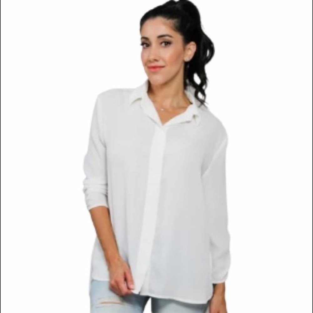 DECREE Womens Sheer White Staple Button Down Flowy Blouse Small
